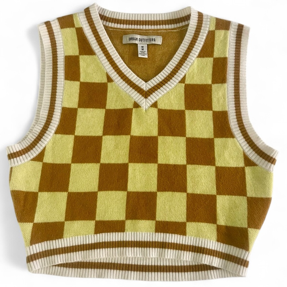 Urban Outfitters Cropped Checkered Sweater Vest Brown Yellow Y2K Medium - UO